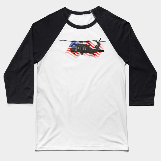 Patriotic Black Hawk UH-60 Military Helicopter Baseball T-Shirt by NorseTech